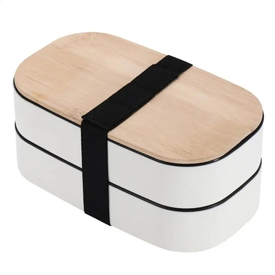 1200ML Divided Lunch Box Picnic Microwave Wooden Cover Japanese Bento Box Portable Double Layer Food Container For Kids 240821