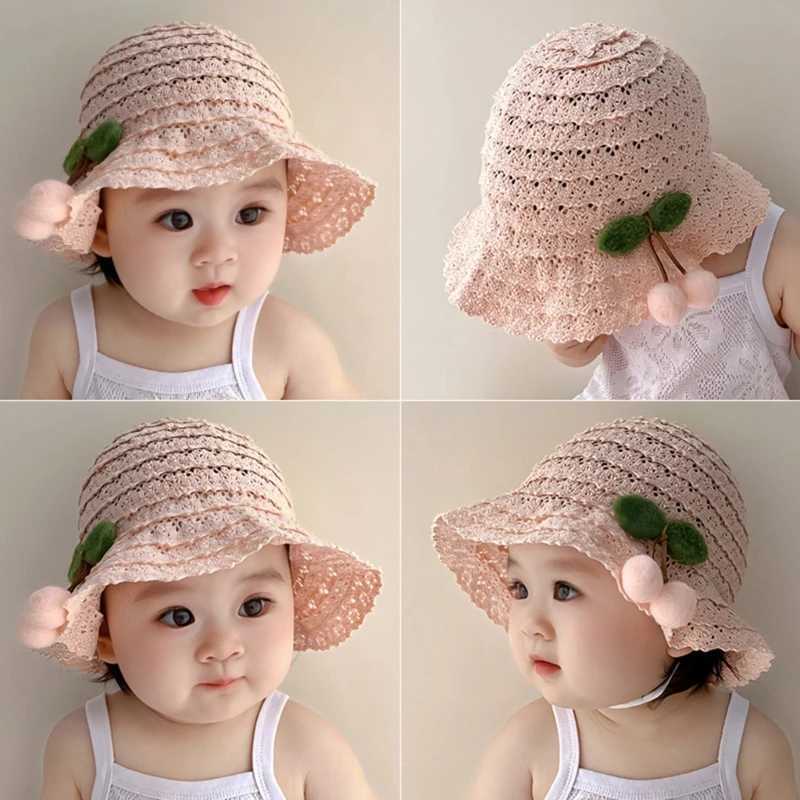 New Spring Summer Plush Cherry Baby Girls Sun Hat Adjustable Lace Hollow Out Baby Beach Bonnet Travel Outdoor Baby Bucket Cap M240821
