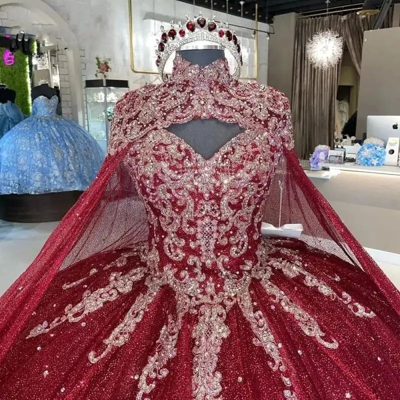 Burgundy Shiny Quinceanera Dress 2025 With Cape Ball Gown Sequin Lace Appliques Beads Mexican Sweet 16 Vestido De 15 anos