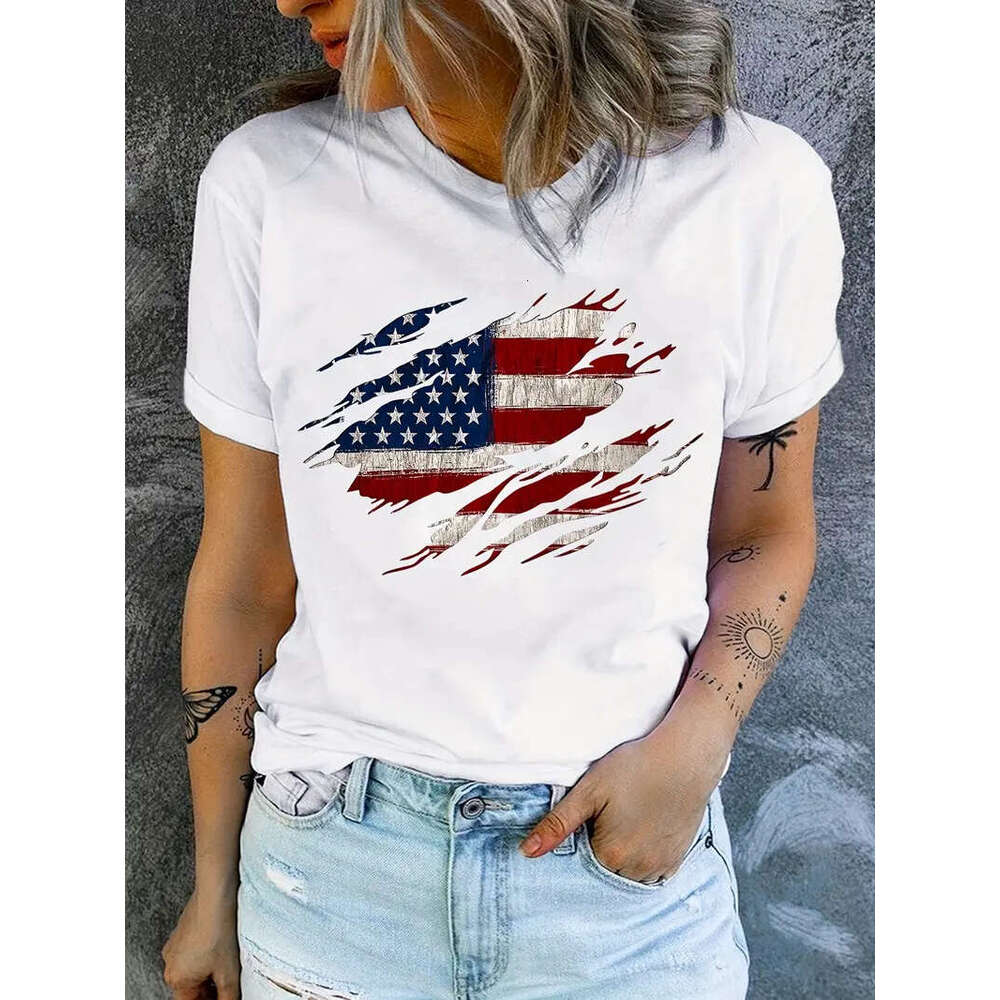 Flag American Print T-Shirt, Independence Day Short Sleeve Crew Neck Casual Top For Summer & Spring, Women's Clothing