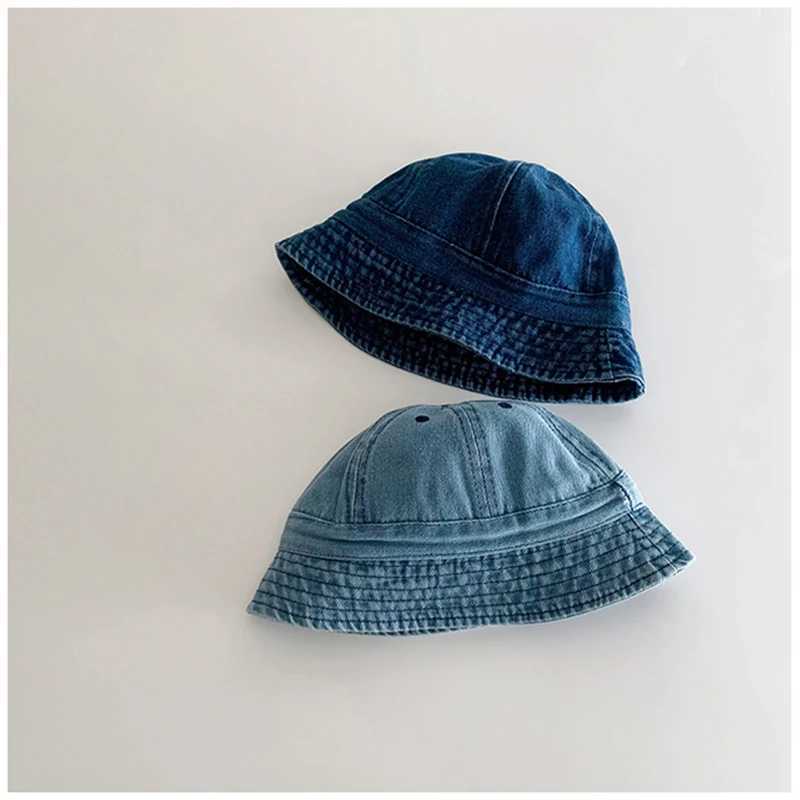 Folding Baby Denim Bucket Hat Retro Childrens Sunscreen Hat Summer Fishermans Hat Windproof Belt Boys and Girls Sunset Hat W240820