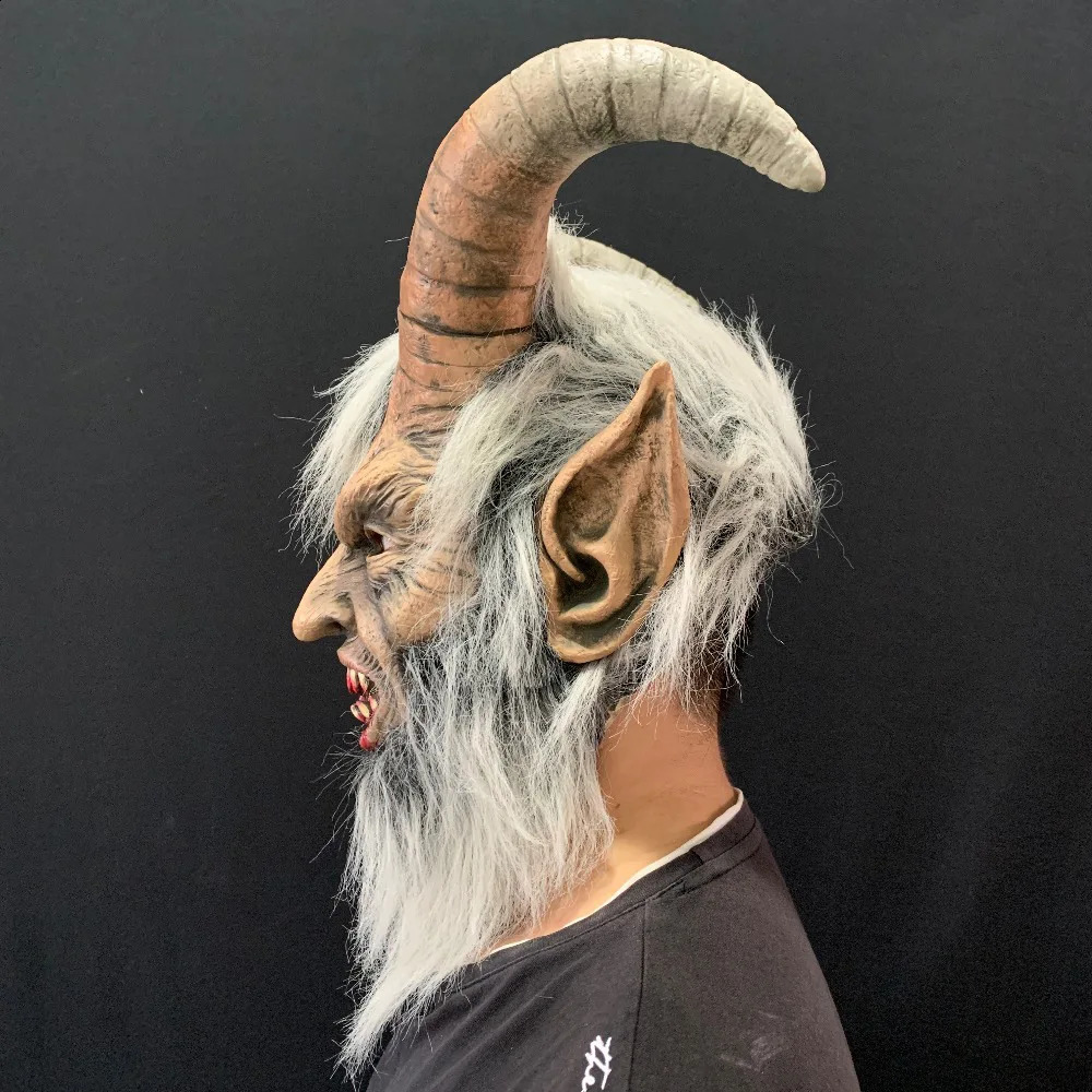 Mens Krampus Demon Mask Movie Cosplay Sheeps Horn Devil Head Cover Halloween Party Horror Dress Up Lucifer Demon Latex Masks 240820