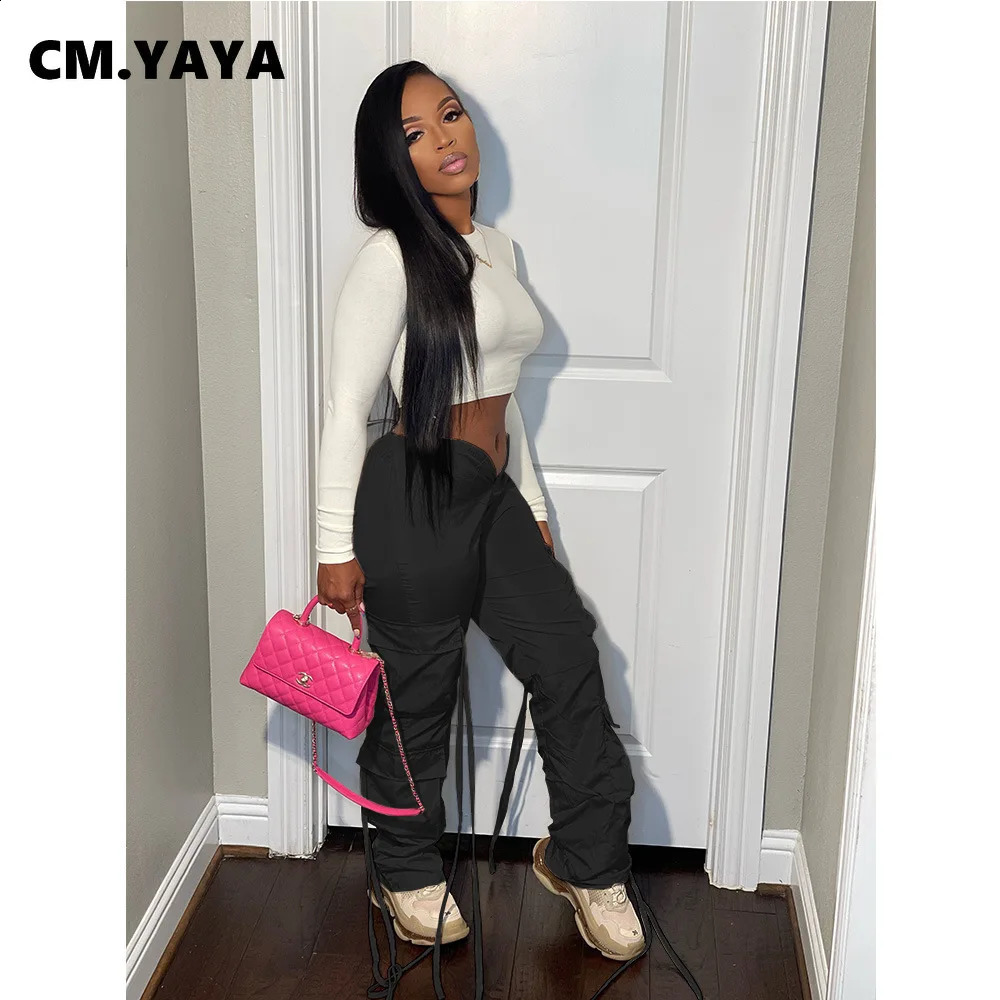 CM.YAYA Women Fashion Pocket Side Straight Wide Leg Safari Style Pants 2024 Summer Lace Up Streetwear Cargo Trousers 240820