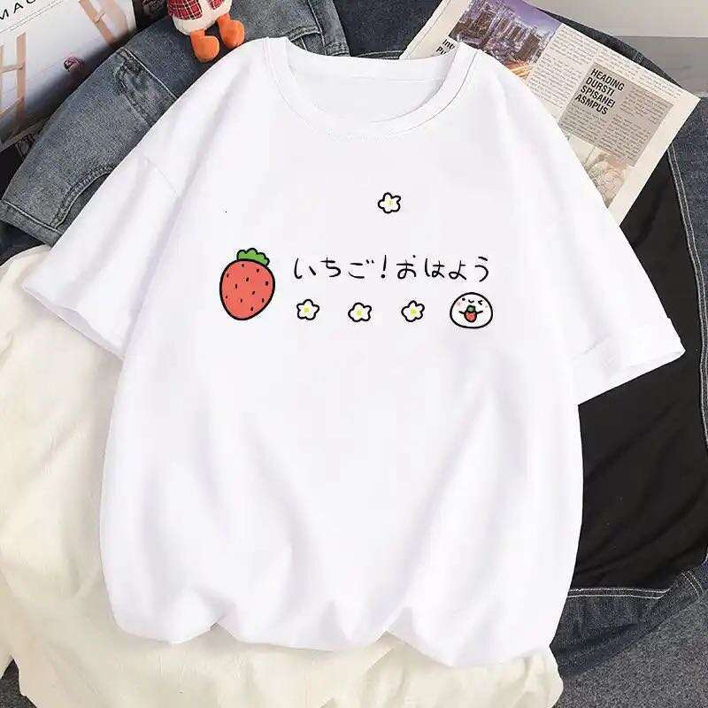 Strawberry 2023 Girl Short Sleeved T Shirt Summer Women 100% Cotton White Loose T-shirts Haruku Kawaii Female Tops Y2k Clothes -shirts ops