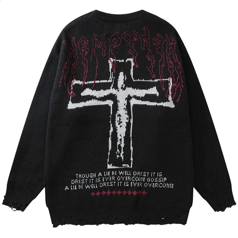 Y2K Grunge Vintage Sweaters Streetwear Hip Hop Ripped Hole Knitted Cross Punk Gothic Jumpers Fashion Harajuku Knit Pullover 240821