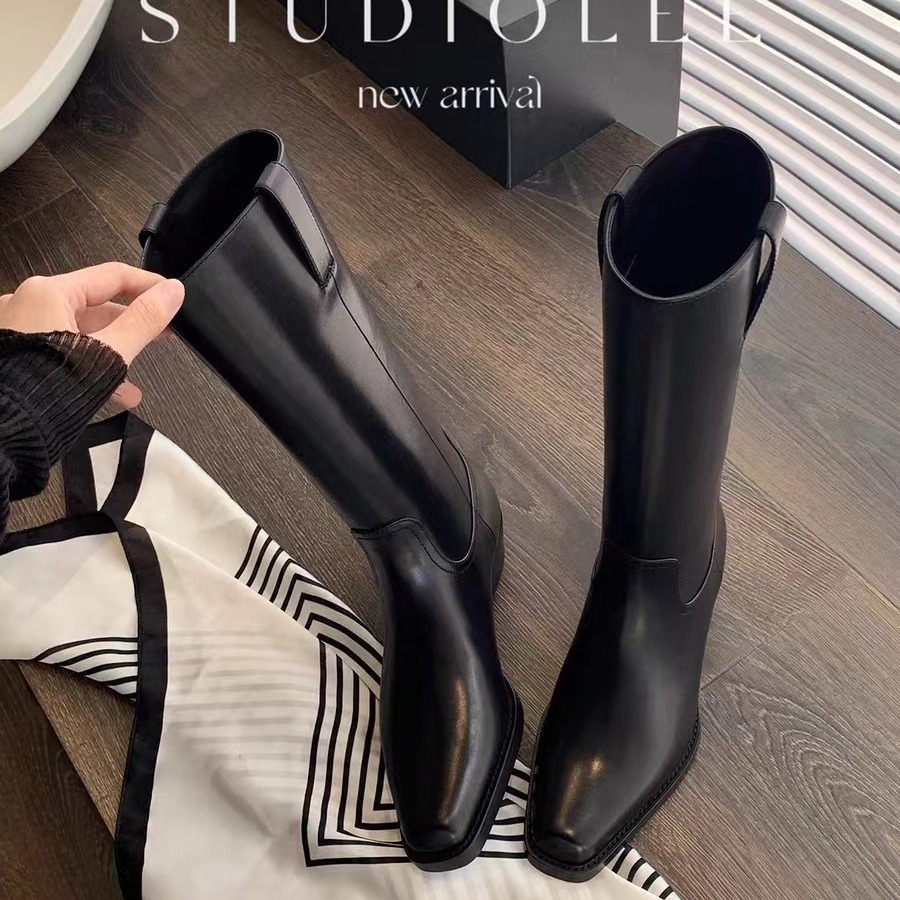 Ddmysports Grape Mama S Same Style Dussel Showcase Elegant Small Square Eaded Thick Eel Mid Length Boots Knee Lower Genuine Leather Knight OUTDOOR