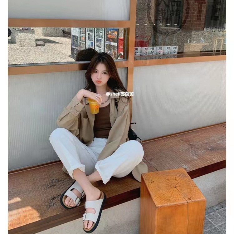 Ddmysports Su Yinyin S Same Texas Holiday Genuine Leather Thick Sole Double Buckle Strap Boken Slippers Sandals And External Wear For Women Summer OUT