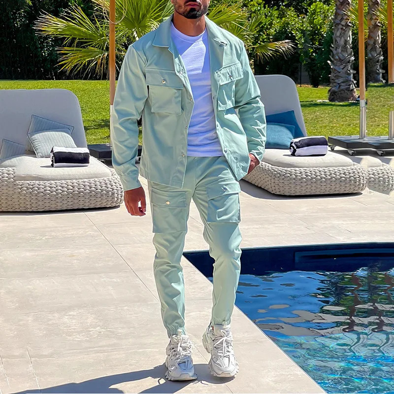 Mens Spring/Summer Casual Sports Multi Pocket Cargo Jacket Trouser Two Piece Set 240827