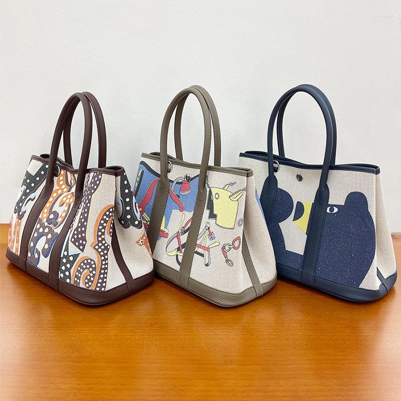 Totes Garden Bag Painted Women's Head Layer Cowhide With Canvas Shoulder Handbag Tote Mummy
