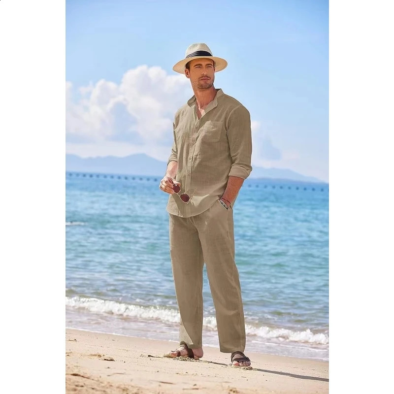 Khaki Long Sleeves Autumn Suit Set 2 Pieces Mens Beach Casual Linen Loose Shirt Trousers Sports Workwear Male Outfit Cloth 240821