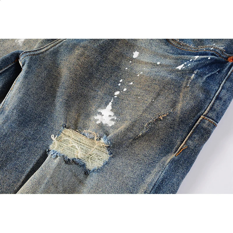Summers Mens Streetwear Distressed Skinny Button Fly Splash Paints Printing Ripped Holes Jeans Pants 240821