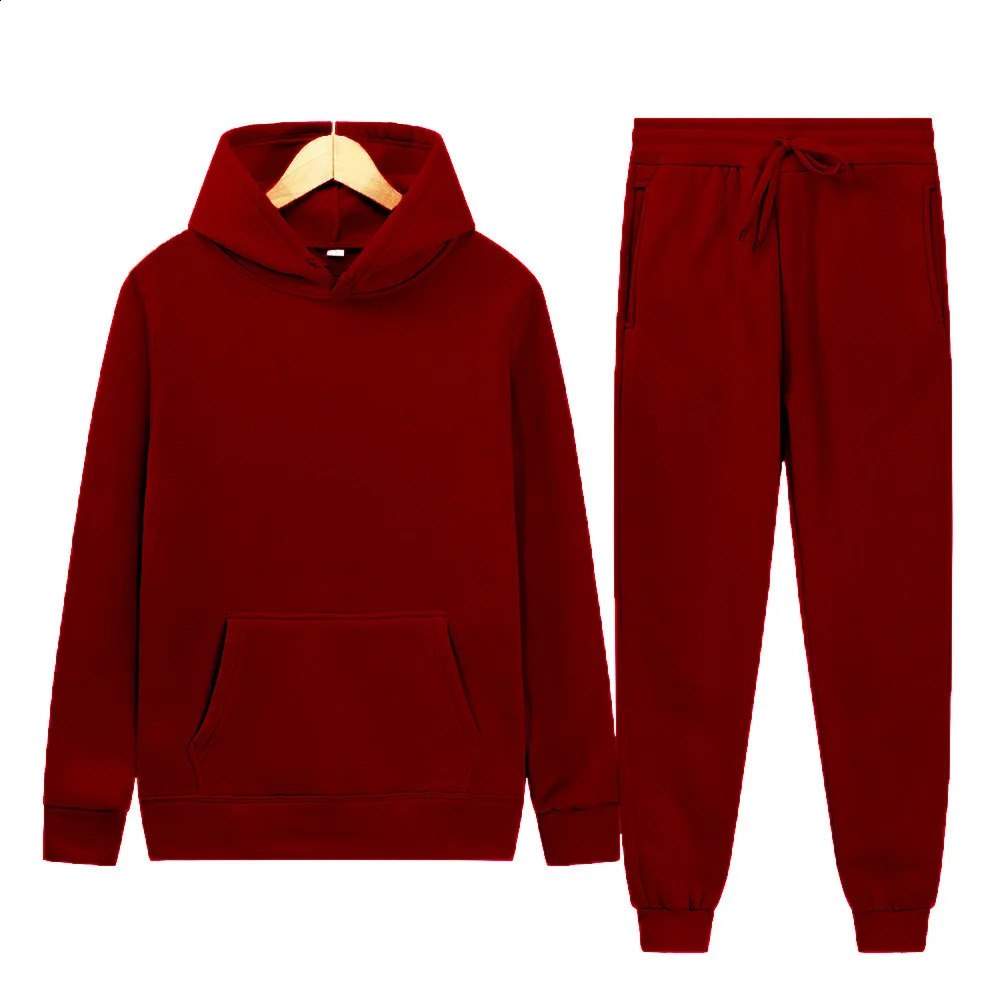 Autumn and winter men and womens minimalist solid color hoodiepants two-piece fashion casual sports set 240821