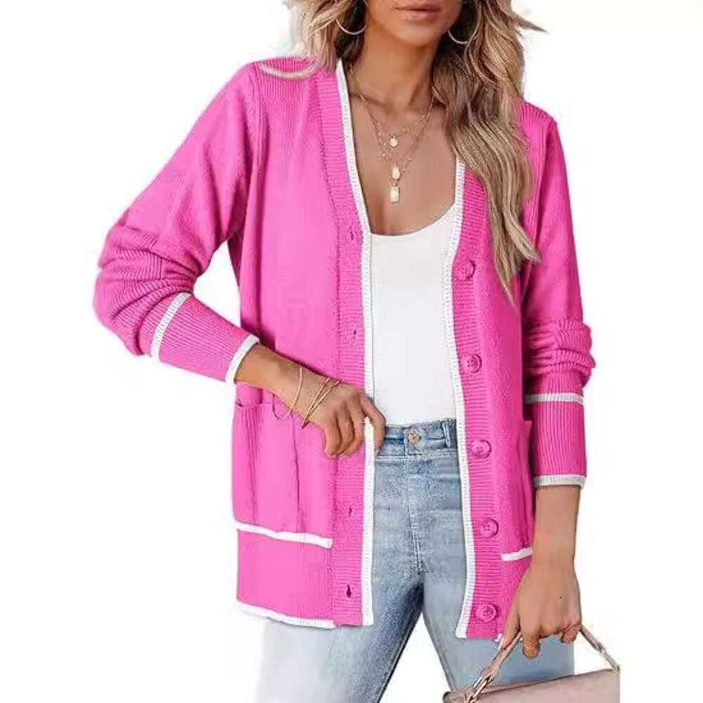 2024 Temu Xiyin Autumn/Winter New Women's Knitted Button Coat Color blocked Sweater Pocket cardigan