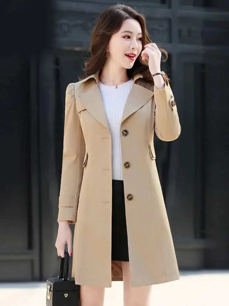 Spring Autumn Khaki Windbreaker MidLong Trench Coat Women Singlebreasted Slim Female Outwear Fashion 240820