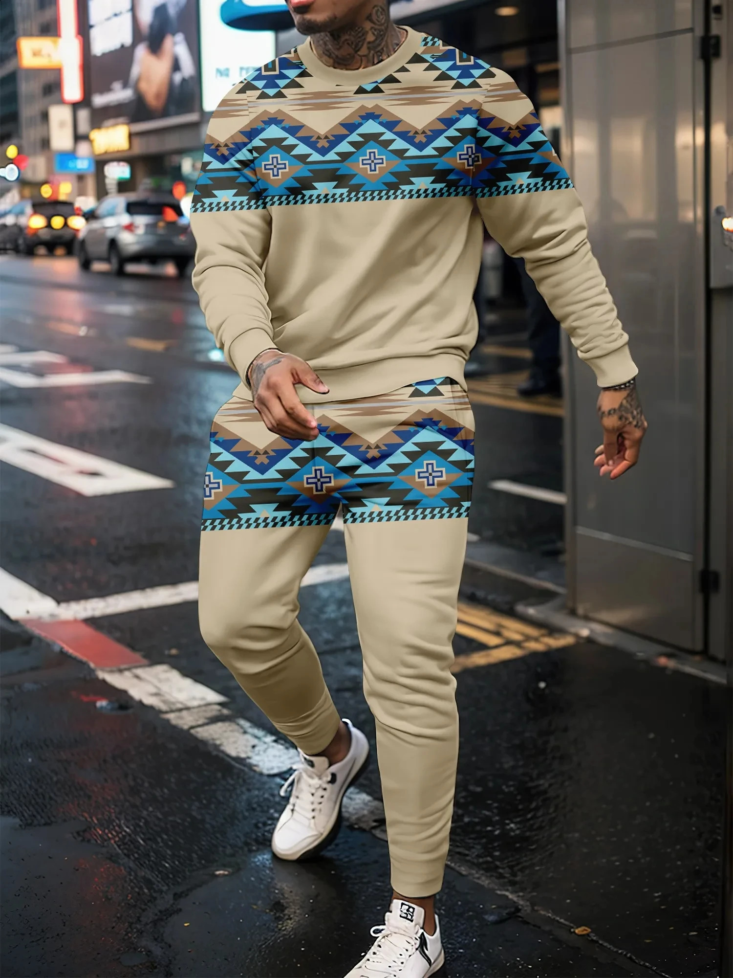 3D Splicing Mens Casual Suit With Round Neck Long Sleeve And Long Pants Fashion Mens Sports Street Personalized Jogging Suits 240821