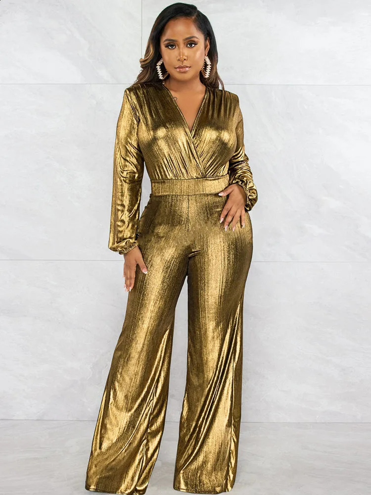Glitter Metallic Party Nightclub Jumpsuit Women Evening Elegant High Waist Wide Leg Romper Long Sleeve Christmas Birthday Outfit 240820