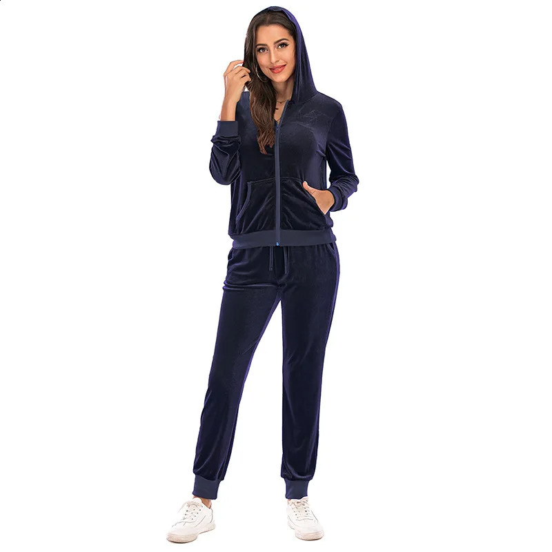 Velour Tracksuit Womens 2 Piece Sweatshirt Sweatpants Set Hoodie Sweatsuit with Pockets Casual Sportswear Autumn Winter Gym 240810