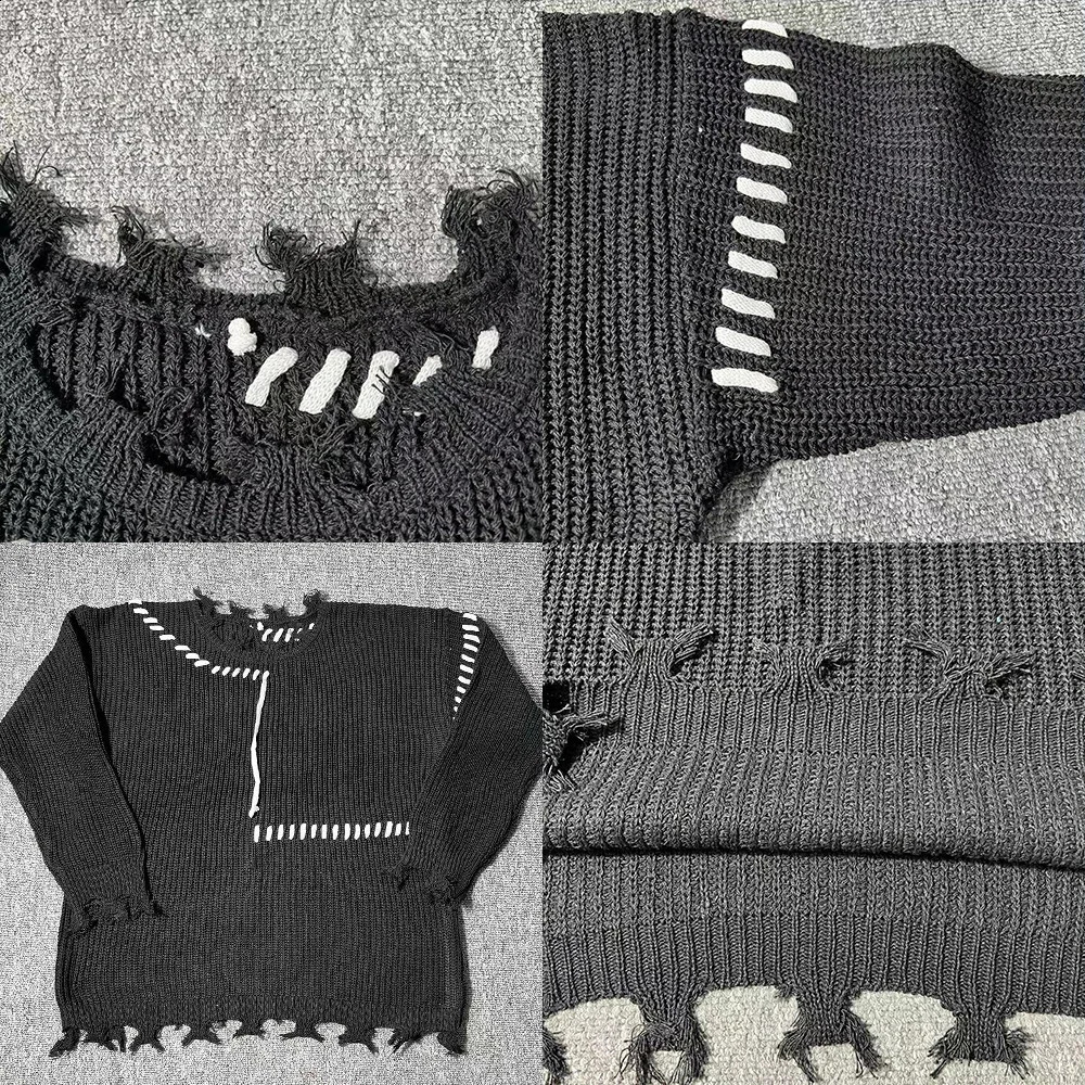 Fashion Niche Knitted Sweaters Autumn Winter Ripped O-neck Causal Loose High Street Knitted Sweater Men Pullovers Male Clothes 240821