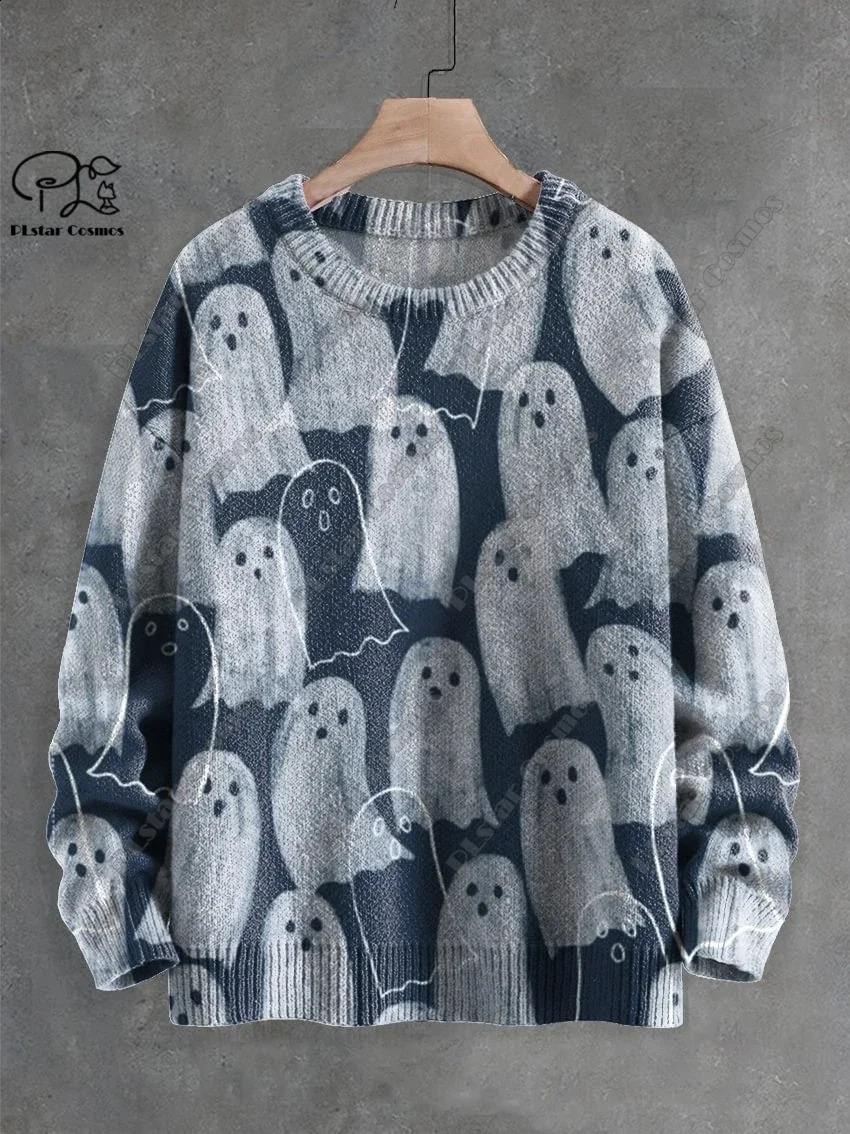 3D Printing Halloween Custom Series Horror Ghost Skull Witch Black Cat Pattern Ugly Sweater Street Casual Winter Sweater W-9 240829