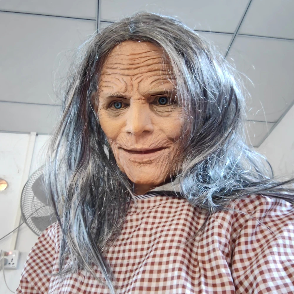 Halloween White-haired Old Lady Latex Mask Movable Jaw Rave Party Horror Granny Witch Mask Lifelike Granny Cosplay Costume Props 240830