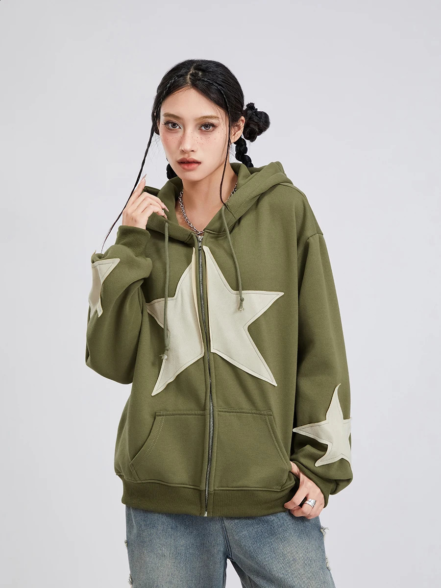 Womens Autumn Casual Hoodie Long Sleeve Star Printed Zipper Drawstring 240821