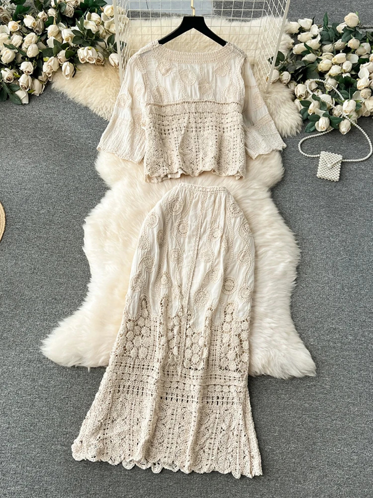 XFPV Women Bohemian Holiday Style Crochet Single Breasted Coat Elastic Waist Hollow Out Skirt Two Piece Set Spring SM10388 240820