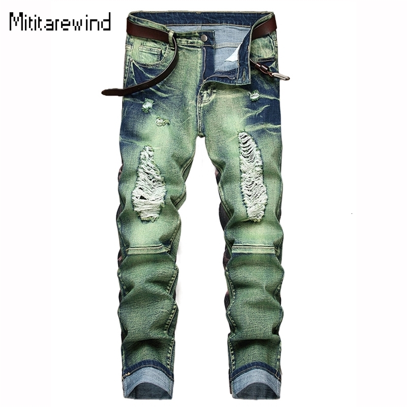 High Street Ripped Jeans for Men Four Seasons Causal Denim Pants Personalized Ocean Green Straight Jeans Fashion Youth Trousers 240821