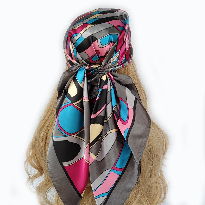 90 90cm Fashion Silk Scarf Headscarf Womens Retro Four Seasons Hair Foulard Bandana 240812