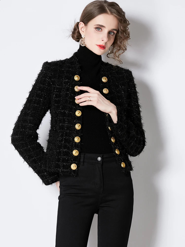 Banulin High Street est Stylish Runway er Long Sleeve Jacket Womens Metal Double Breasted Tassel Tweed Overcoat 240821