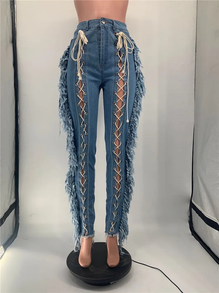Wmstar Jeans Women High Waist Tassel Hole Bandage Denim Ripped Bottom Stretch Boyfriend Streetwear Wholesale Drop 240821