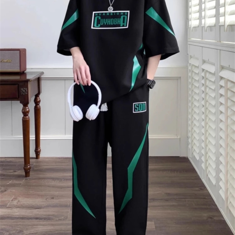 Black Tracksuit Man Trousers Sets Sweatsuit T-shirts Pants Suits for Men Nylon Sweatshirts White Two Piece Set Korean Style 240821