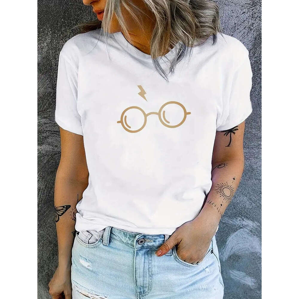 Print Glasses T-Shirt, Summer Short Sleeve Causal Top, Women's Clothing