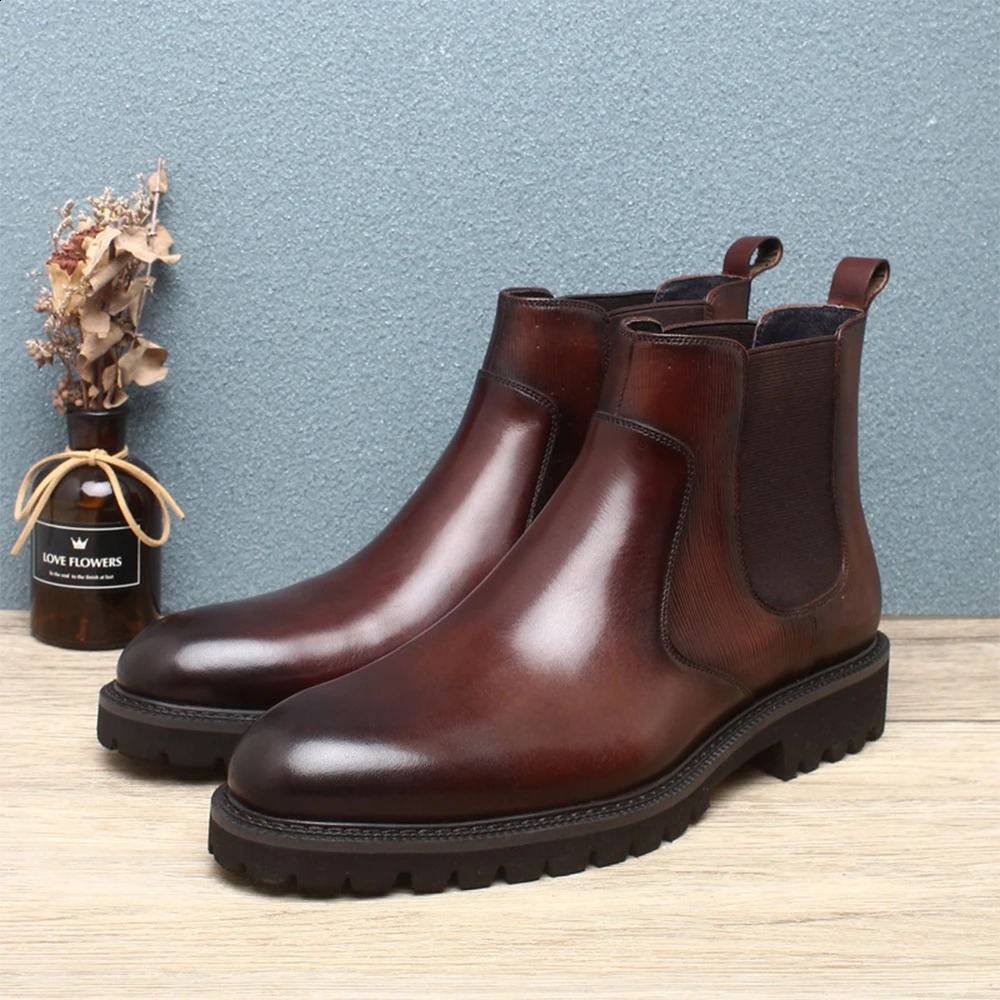 Fashionable genuine leather casual Chelsea boots high-quality handmade wear-resistant breathable top-level mens fur lined shoes 240821
