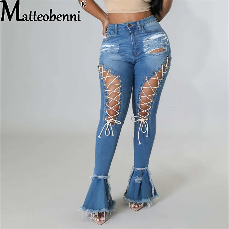 Sexy Slim High Waist Jeans Women Vintage Ripped Stretch Eyelet Bandage Mopping Denim Flared Pants Ladies Casual Street Trousers 240821