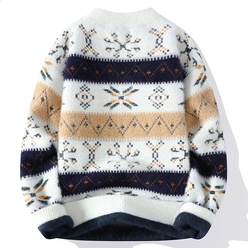 Mink Plush Thickened Round Neck Mens Autumn and Winter Loose Print Patchwork Fashionable Knitted Sweater Long Sleeved Tops 240821