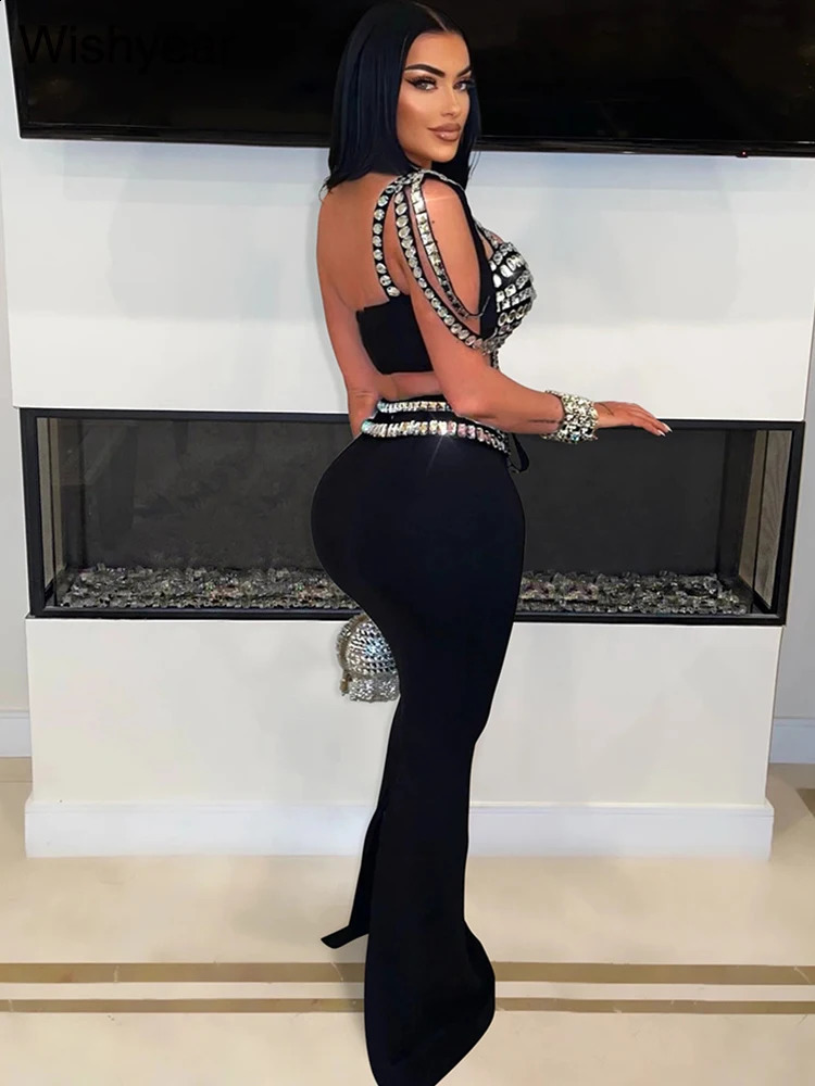 y Celebrity Evening Club Womens Sexy Black One Shoulder Diamond Long Skiing and Crop Top Two Piece Set 240821
