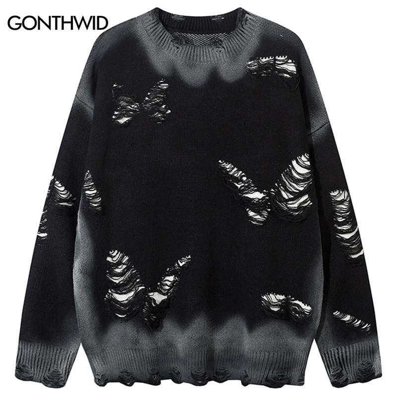Vintage Oversized Sweater Grunge Y2K Knitted Butterfly Tie Dye Sweaters Men Hip Hop Ripped Hole Punk Gothic Long Sleeve Jupmers 240821