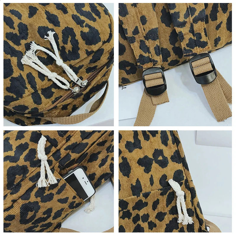 Travel Womens Leopard print Backpack Large Capacity Handbag Corduroy Student Sac Dos Teen Filler 240820