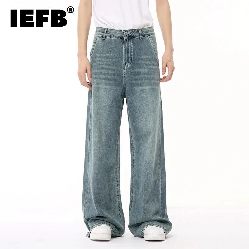 IEFB Korean Style Male Denim Pants Draping Straight Wide Leg Loose Washed Mens Casual Jeans Summer Trendy 9C6676 240821