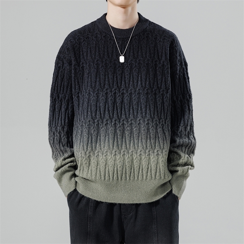 Mens Autumn Winter Harajuku Sweater Mens Casual Loose Gradient Color Round Neck Knitted Pullover Street Hip Hop Sweatshirt 240821