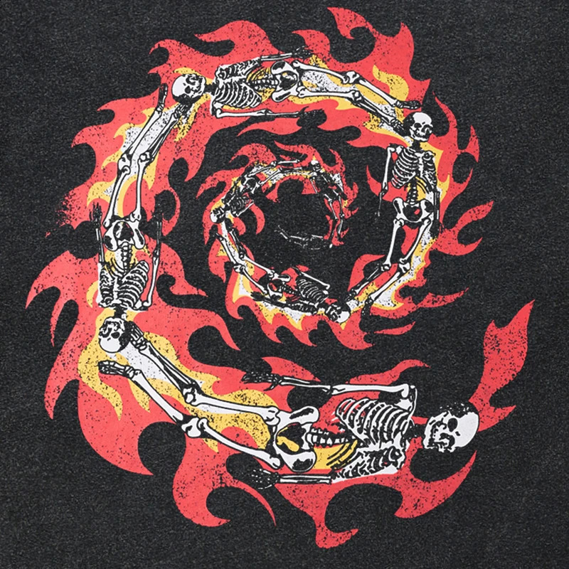 Hip Hop Streetwear Men TShirt Oversized Burning Skull Vintage Graphic T Shirt Cotton Washed Black Tshirt Unisex Tops Tees 240821