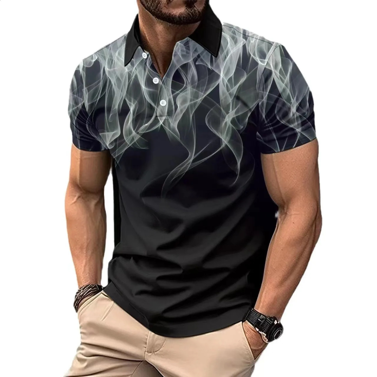 2024 Cross border Mens Casual POLO Shirt Flip Collar Button Business Digital Print Versatile Mens Shirt Tiki selling 240821
