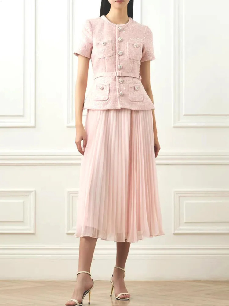 Women's 2-Piece Sequins Tweed Set - Elegant Short-Sleeve Coat And High-Waisted Pleated Skirt Party Outfits