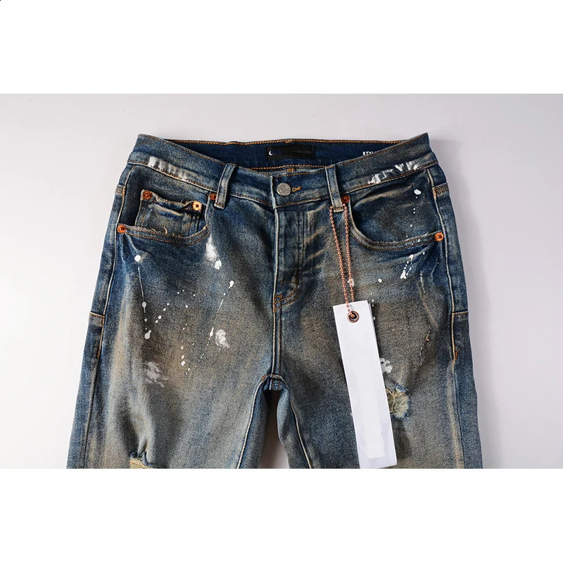 Summers Mens Streetwear Distressed Skinny Button Fly Splash Paints Printing Ripped Holes Jeans Pants 240821