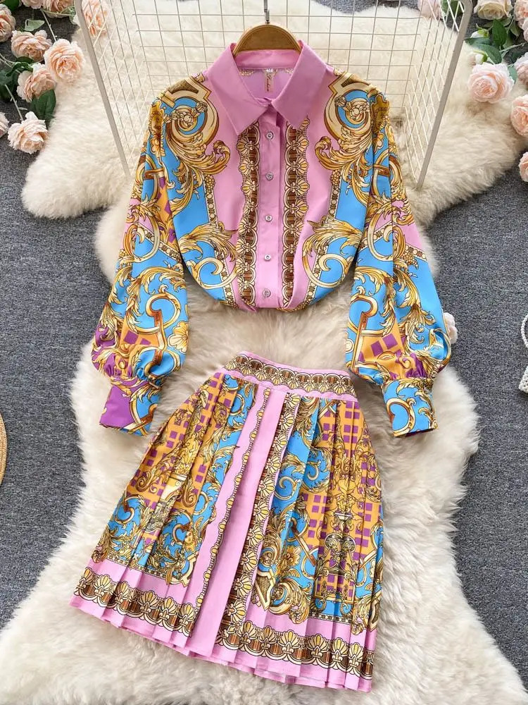 Autumn Elegant Skirts Suit Womens Puff Sleeve Beading Lapel White Shirt TopFlower Print Mesh Ball Gown Belt Skirts 2 Piece Set 240813