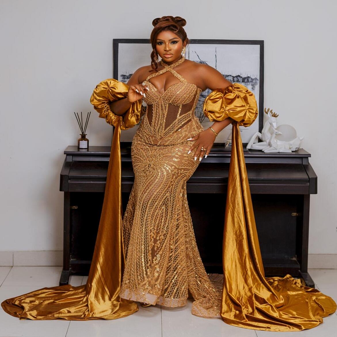 Gold Sequin Mermaid Aso Ebi Prom Dress 2025 | Illusion Lace Halter Evening Gown