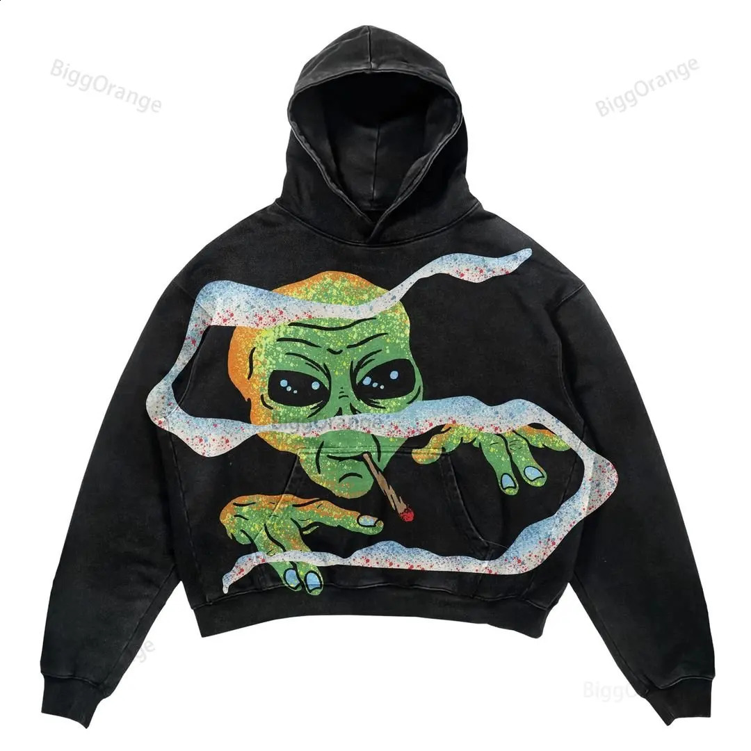 Autumn and Winter Alien Print Street Fashion Skull Pattern Retro Hooded Sweater Men and Women Tops Harajuku Anime Hoodies 240821