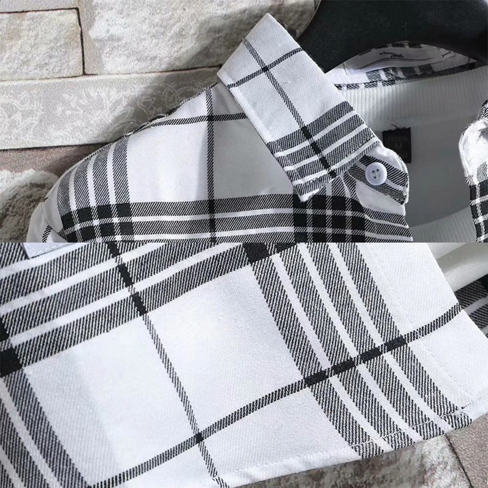 Mens Casual Plaid Shirt Polyester Long Sleeve Lapel Loose Top Coat Street Retro Korean Fashion L5xl 24
