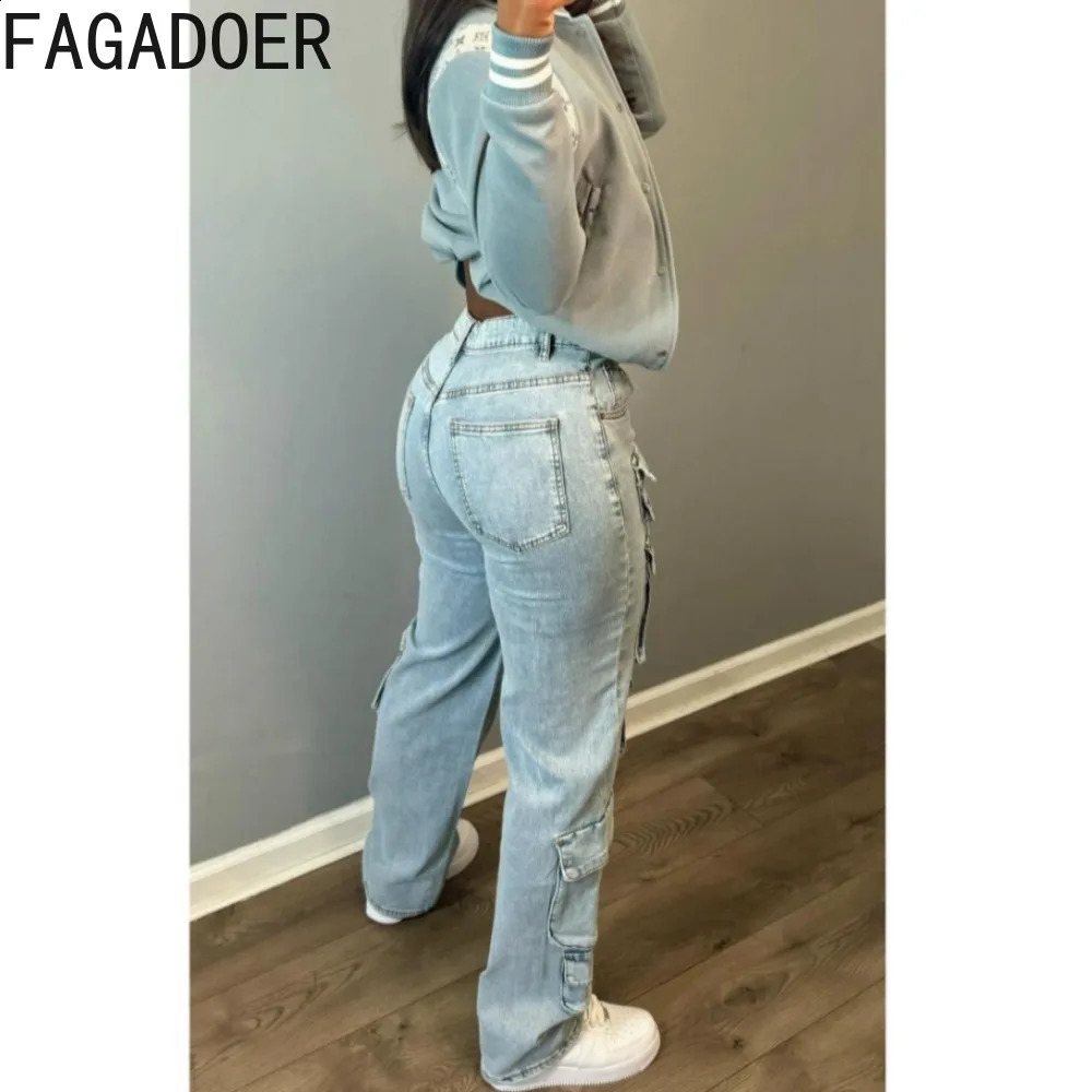 FAGADOER Vintage Denim Pocket Cargo Pants Women High Waisted Button Straight Jean Trousers Casual Female Cowboy Bottoms Z260313