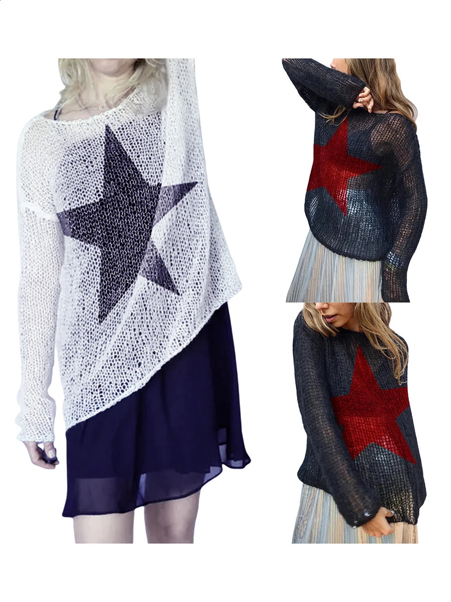 Women Star Pattern Long Sleeve O Neck Casual Hollow Knitted Pullover Top Fashion Oversized Sweater Spring Autumn Y2k Streetwear 240821